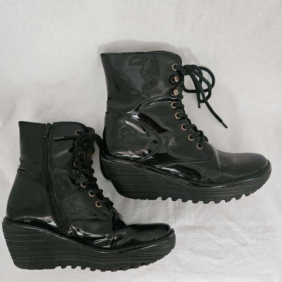 Fly London Patent Leather Lace-Up Wedge Ankle Boots - Black - 8.5 - Picture 10 of 14